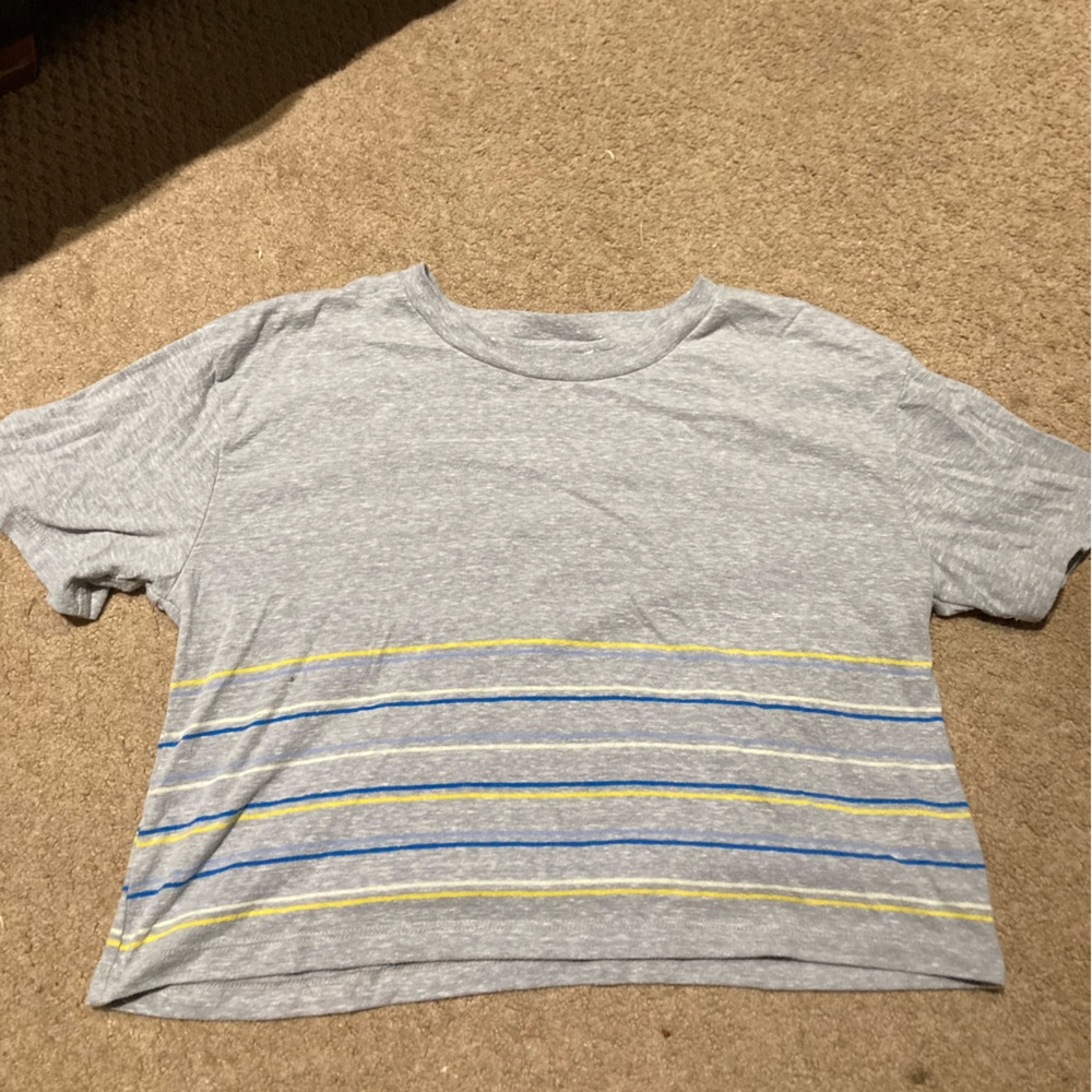 Me To We, cropped grey and yellow/blue/white striped shirt, size: small